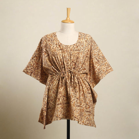 Buy Beige Kalamkari Block Print Cotton Kaftan