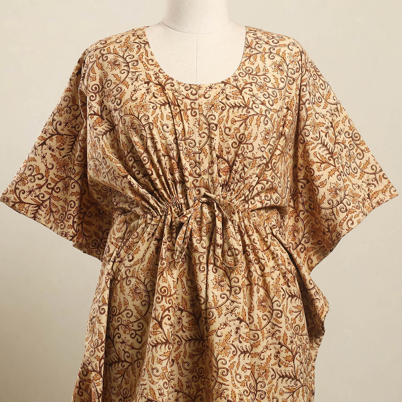 Buy Beige Kalamkari Block Print Cotton Kaftan