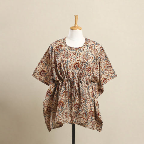 Buy Beige Kalamkari Block Print Cotton Kaftan