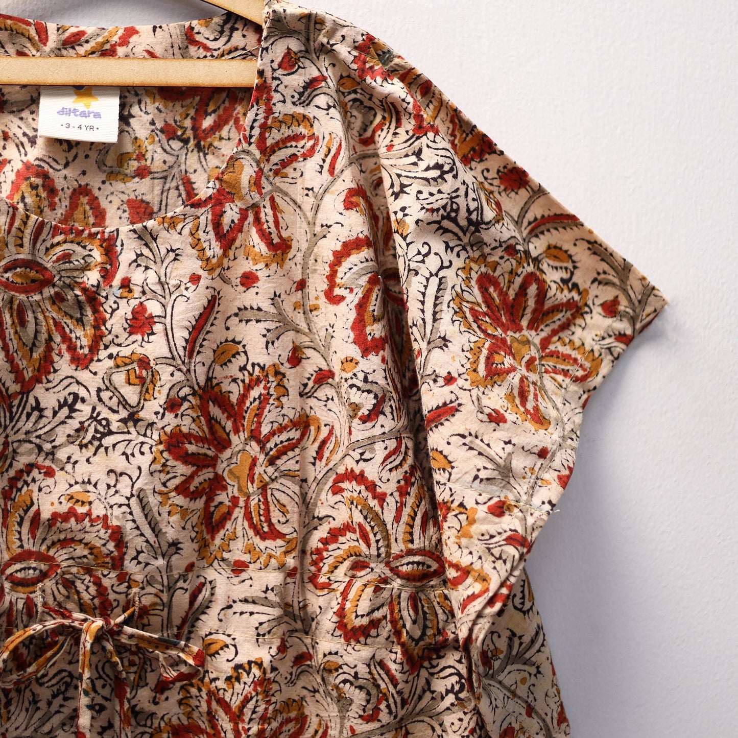 Beige Kalamkari Block Print Cotton Kids Kaftan (3-4 Years)
