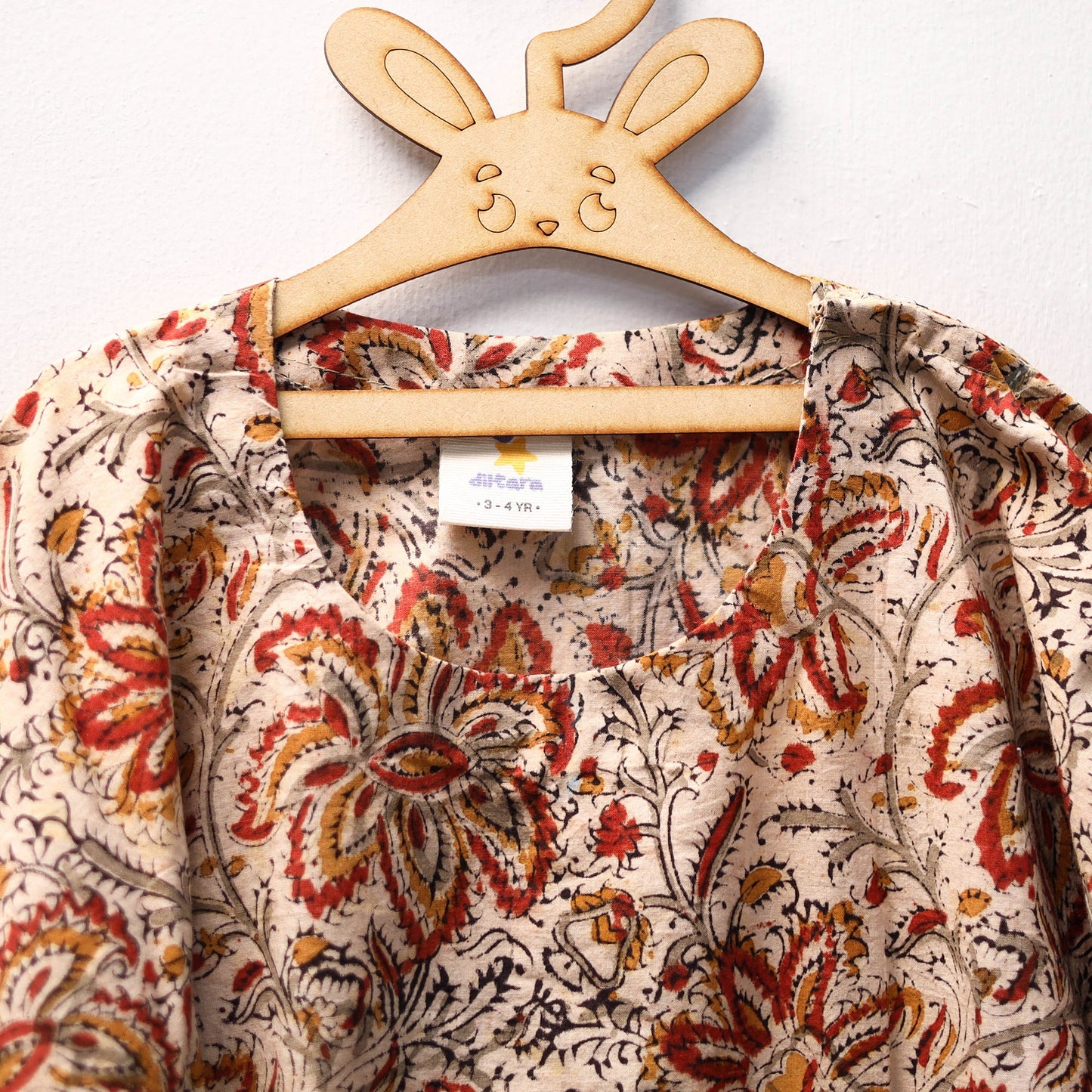 Beige Kalamkari Block Print Cotton Kids Kaftan (3-4 Years)