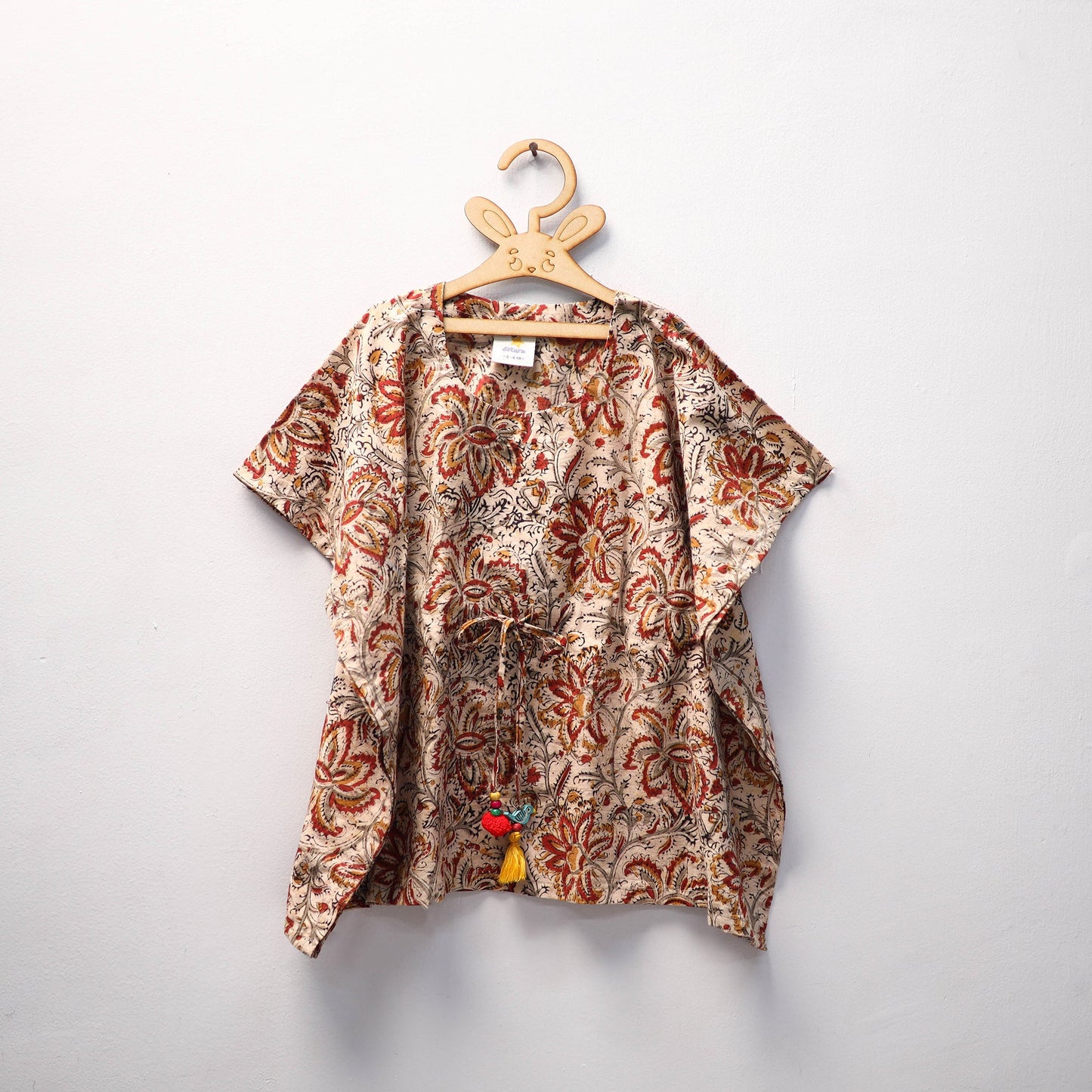 Beige Kalamkari Block Print Cotton Kids Kaftan (3-4 Years)