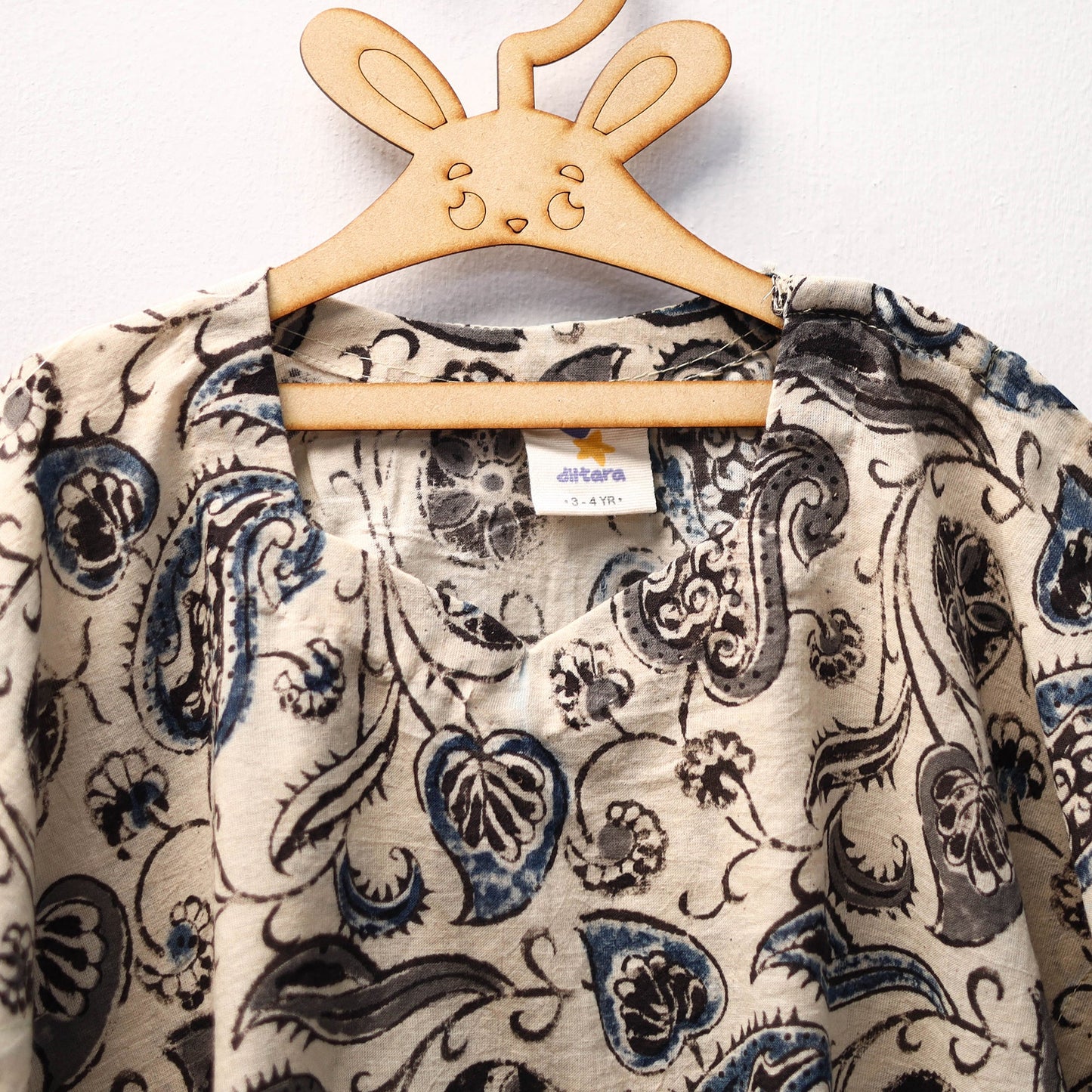 Beige Kalamkari Block Print Cotton Kids Kaftan (3-4 Years)