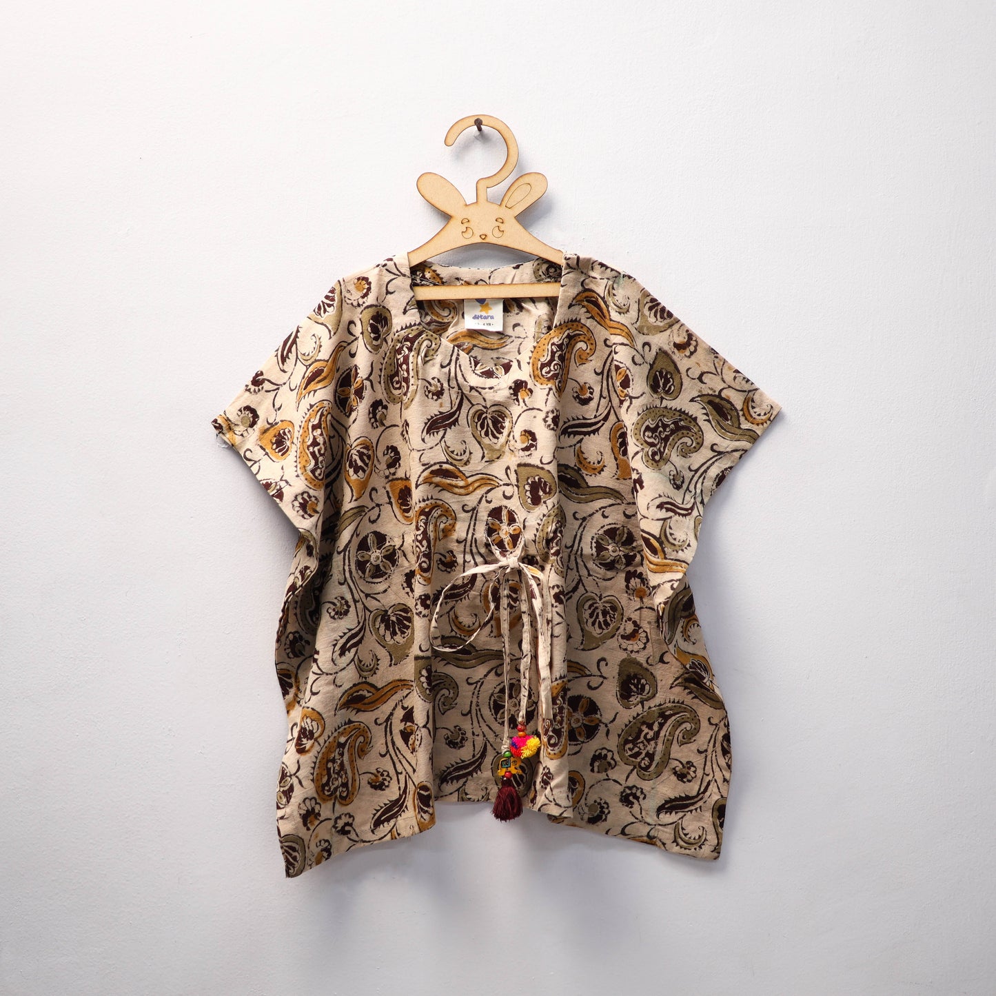 Beige Kalamkari Block Print Cotton Kids Kaftan (3-4 Years)