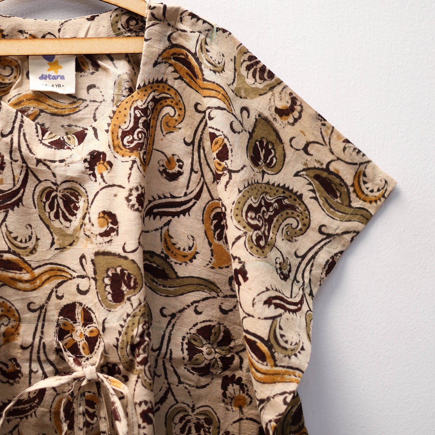 Beige Kalamkari Block Print Cotton Kids Kaftan (3-4 Years)