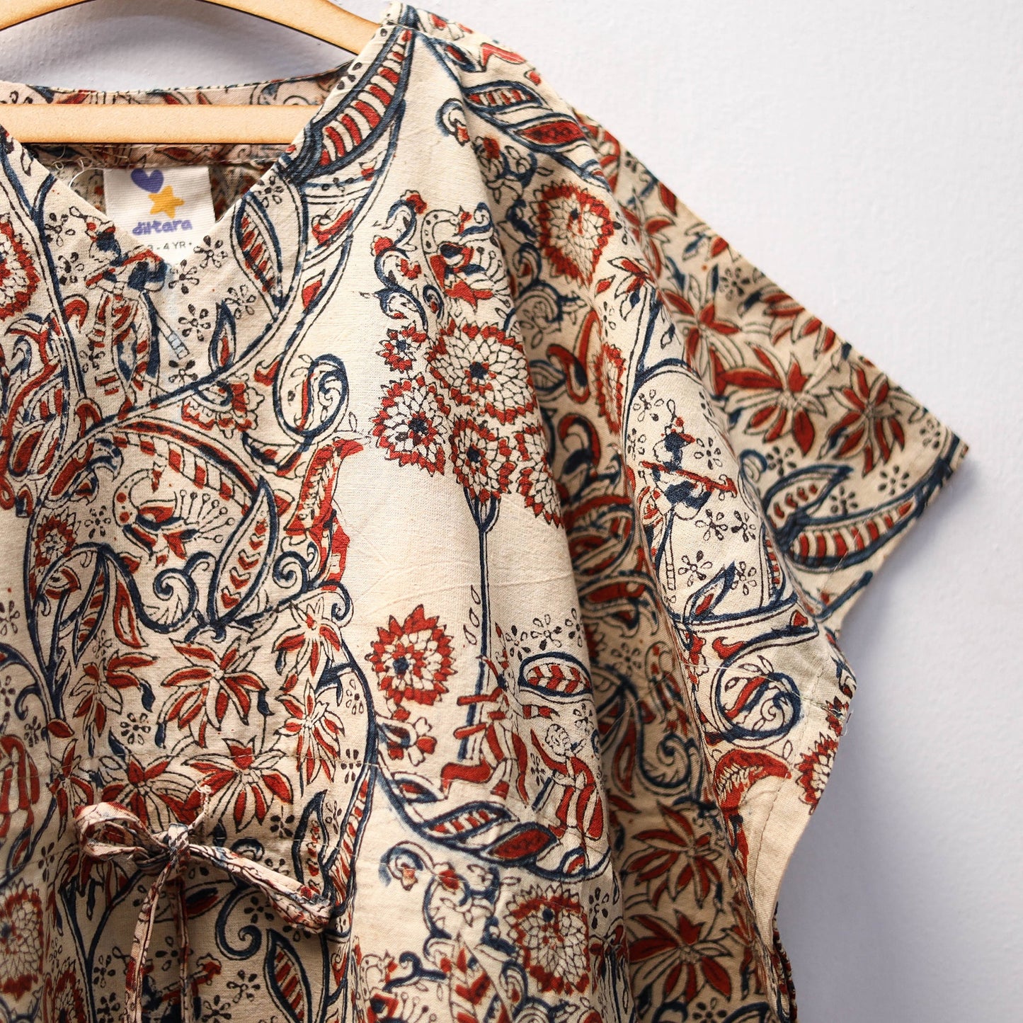 Beige Kalamkari Block Print Cotton Kids Kaftan (3-4 Years)