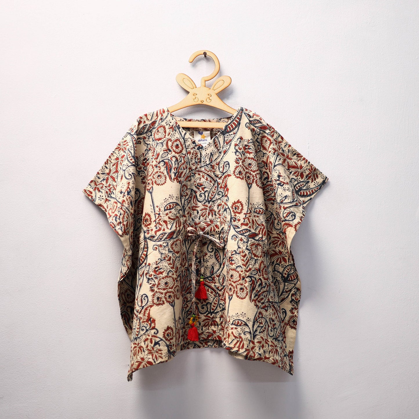 Beige Kalamkari Block Print Cotton Kids Kaftan (3-4 Years)