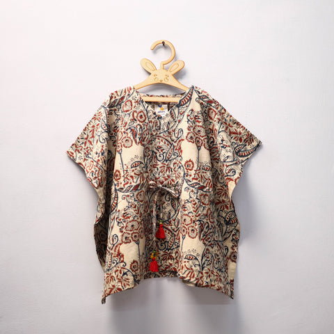 Beige Kalamkari Block Print Cotton Kids Kaftan (3-4 Years)