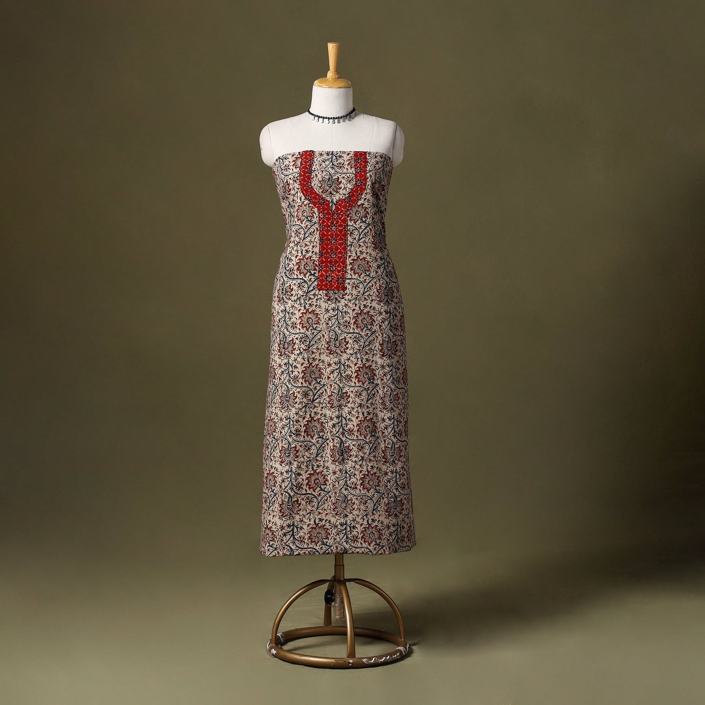 Beige Kalamkari Print Cotton Unstitched Kurta Material
