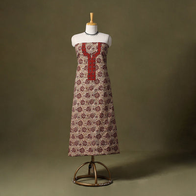Beige Kalamkari Print Cotton Unstitched Kurta Material