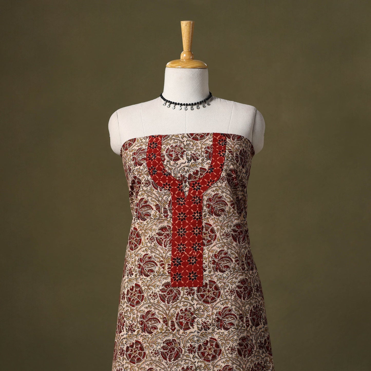 Beige Kalamkari Print Cotton Unstitched Kurta Material