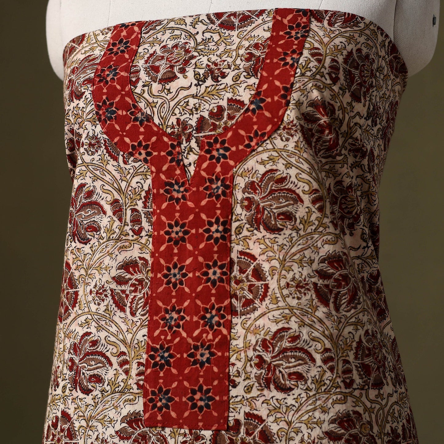 Beige Kalamkari Print Cotton Unstitched Kurta Material