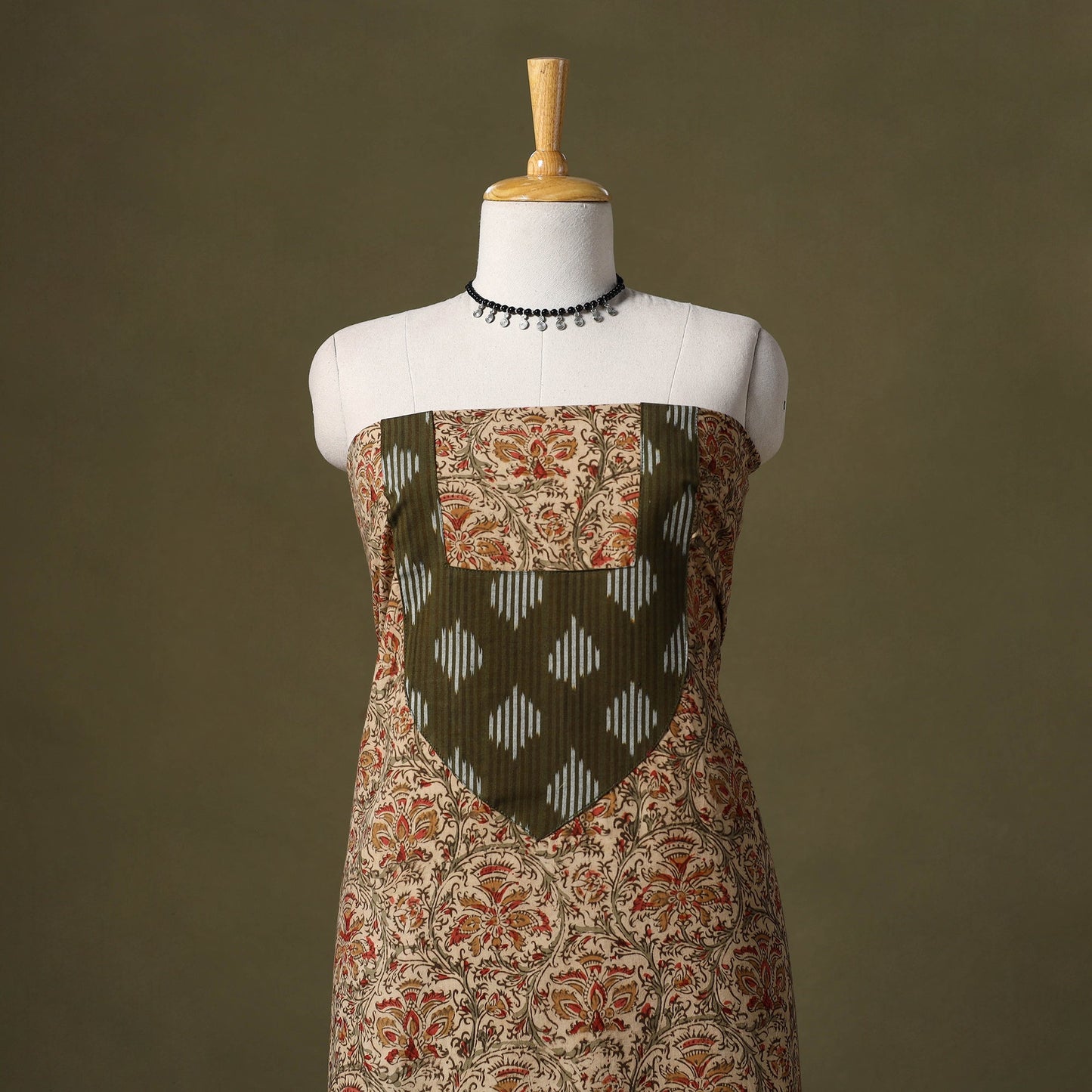 Beige Kalamkari Print Cotton Unstitched Kurta Material