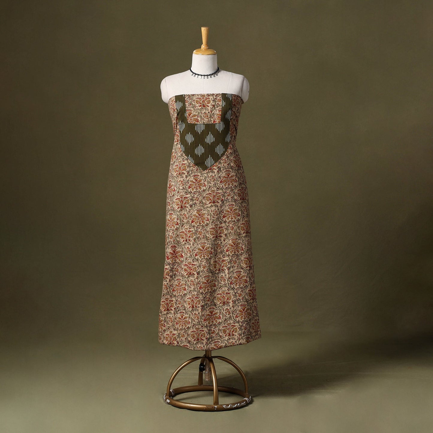 Beige Kalamkari Print Cotton Unstitched Kurta Material