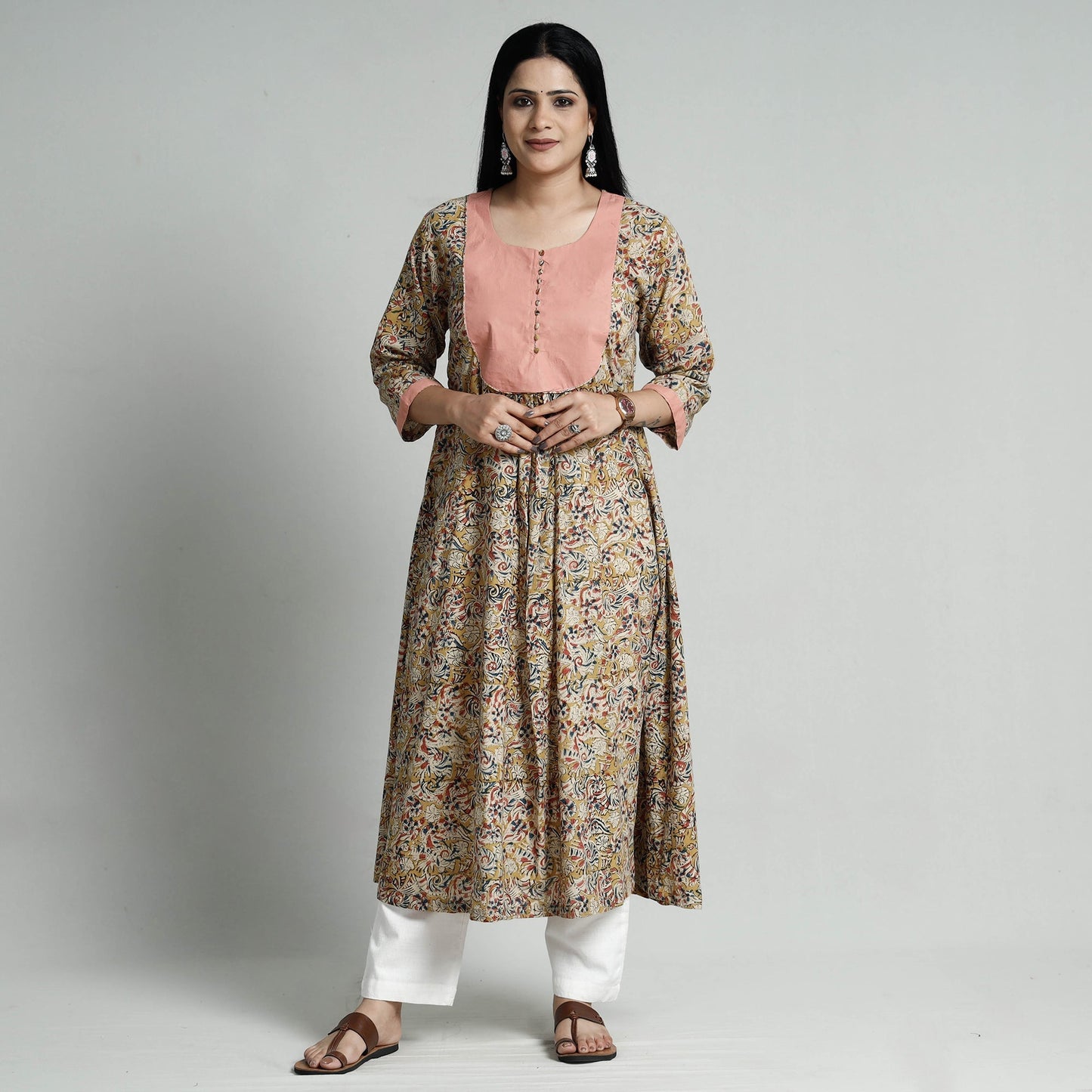 Buy Kalamkari Hand Block Printed Cotton Long Kurta Online at iTokri.com