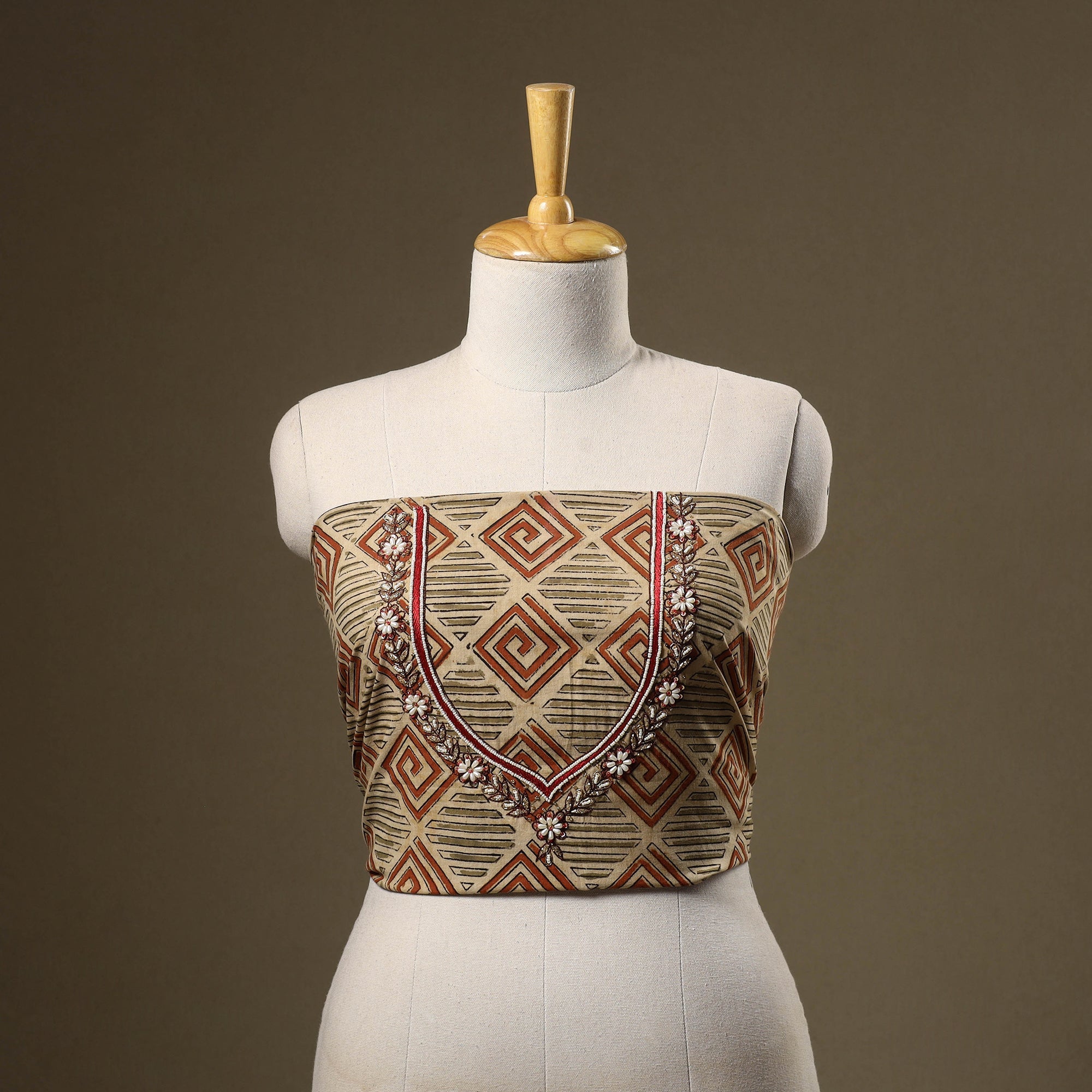 Beige - Kalamkari Block Printed Thread & Bead Work Hand Embroidery Cotton Blouse Piece