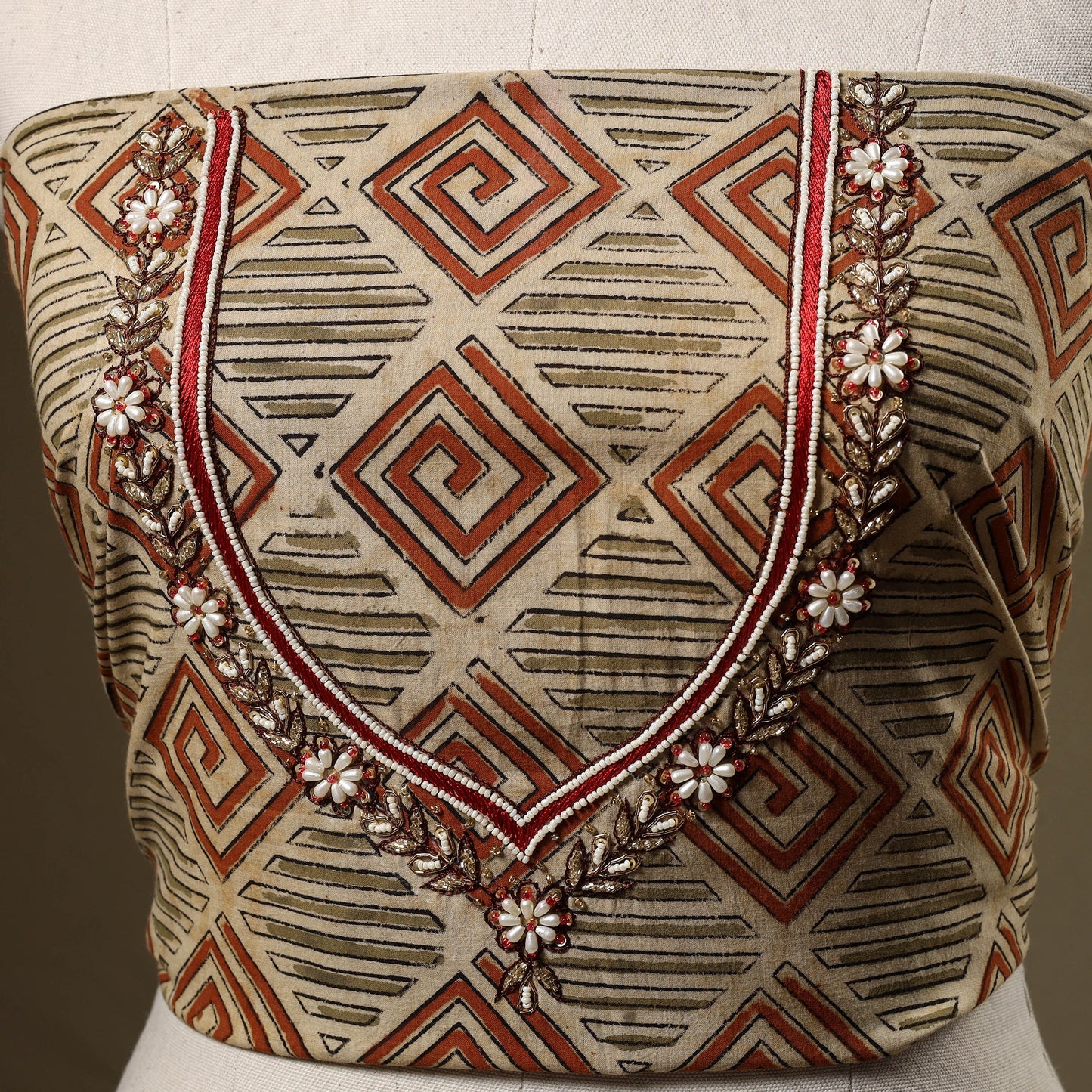 Beige - kalamkari hand embroidery cotton blouse piece 26