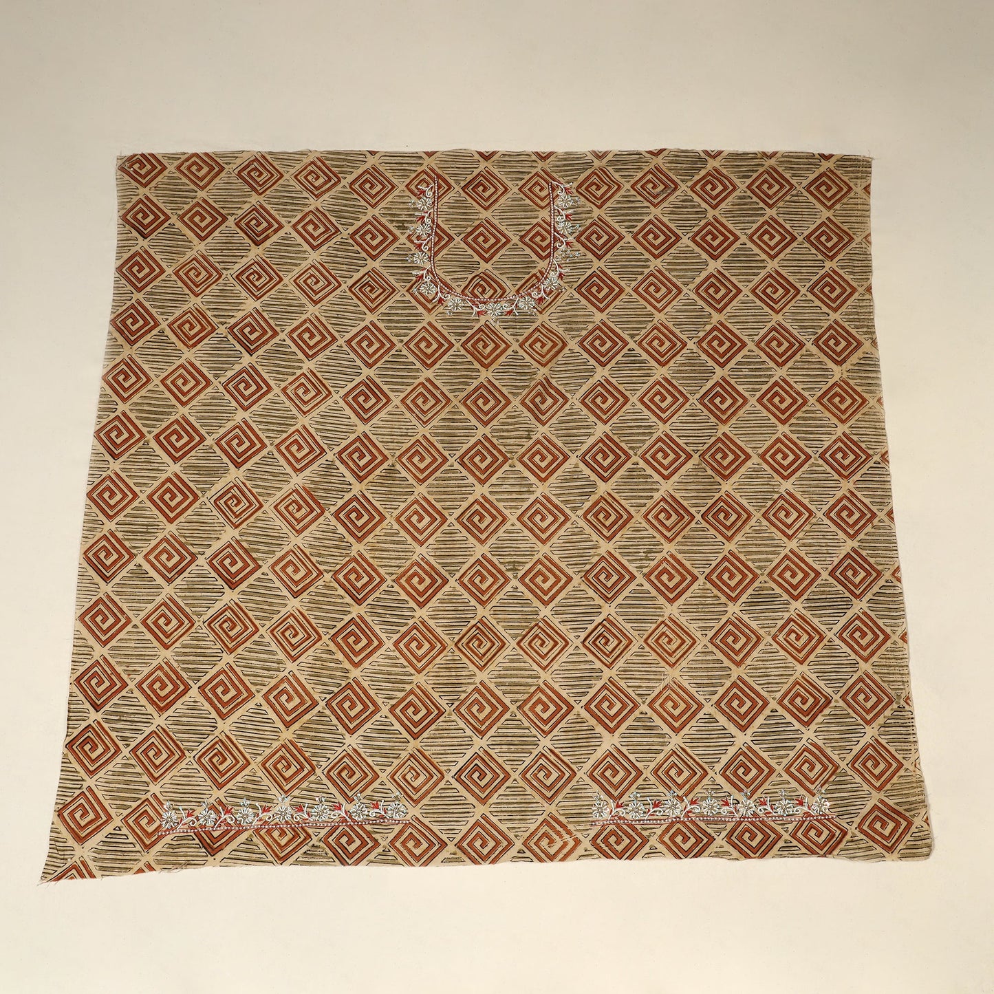 Beige Kalamkari Print Hand Embroidery Cotton Blouse Piece