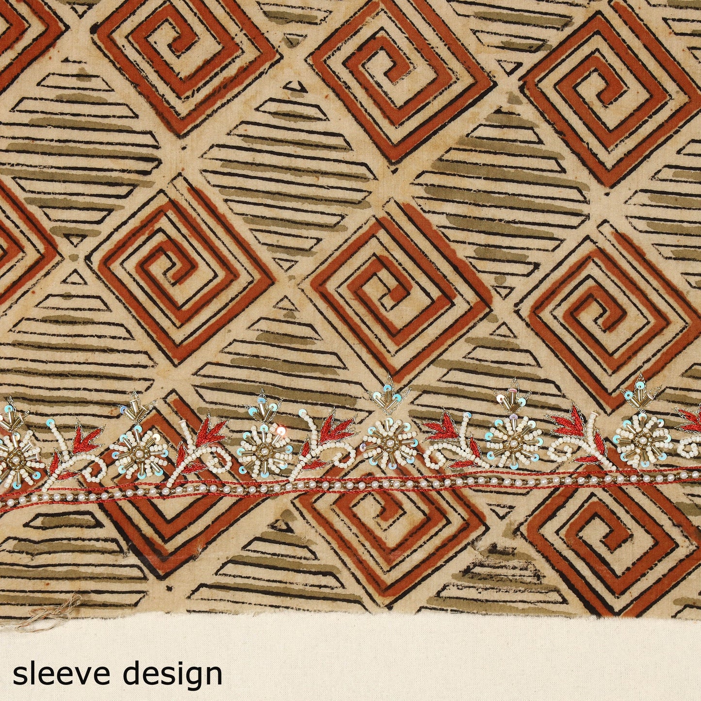 Beige Kalamkari Print Hand Embroidery Cotton Blouse Piece