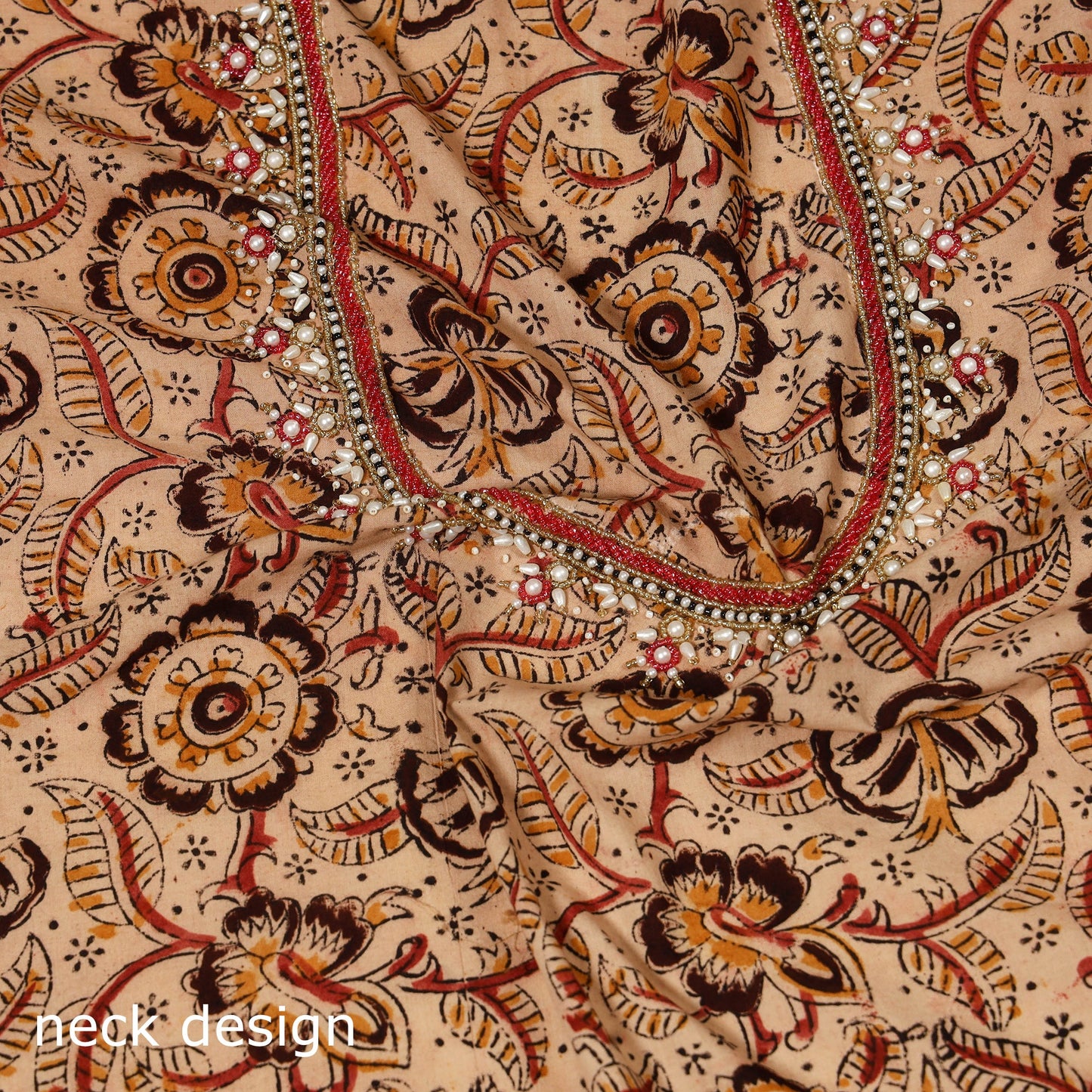 Beige Kalamkari Print Hand Embroidery Cotton Blouse Piece