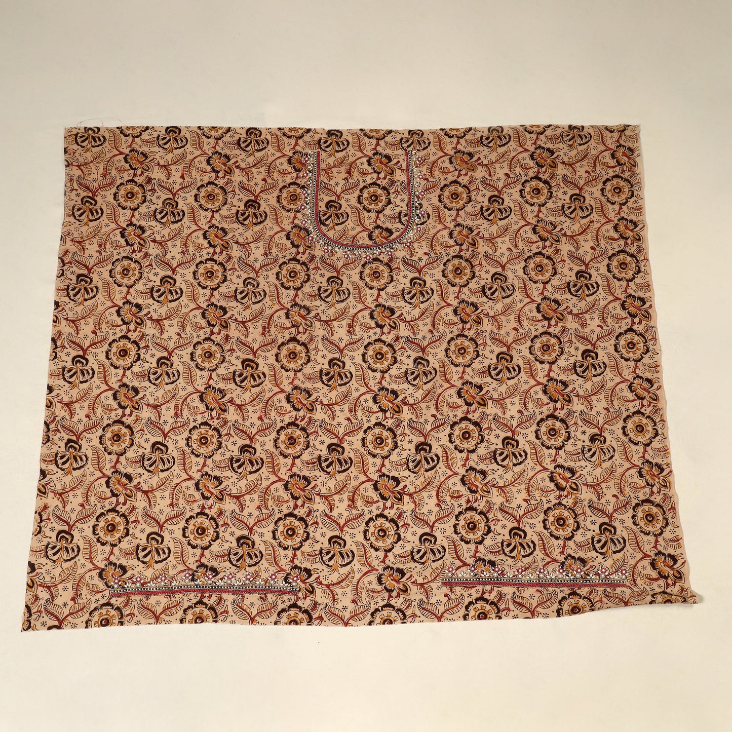 Beige Kalamkari Print Hand Embroidery Cotton Blouse Piece