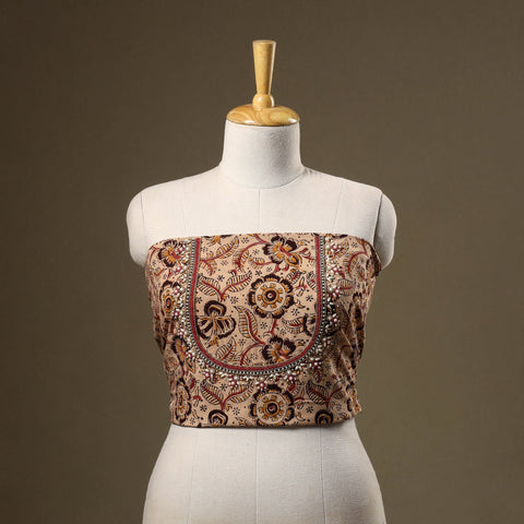 Beige Kalamkari Print Hand Embroidery Cotton Blouse Piece