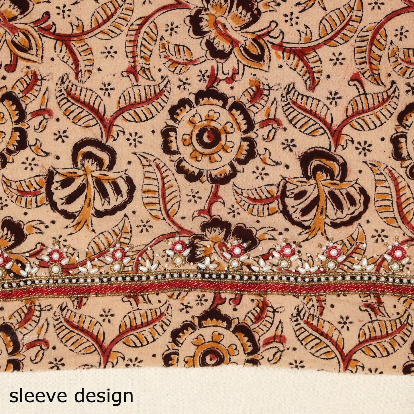 Beige Kalamkari Print Hand Embroidery Cotton Blouse Piece