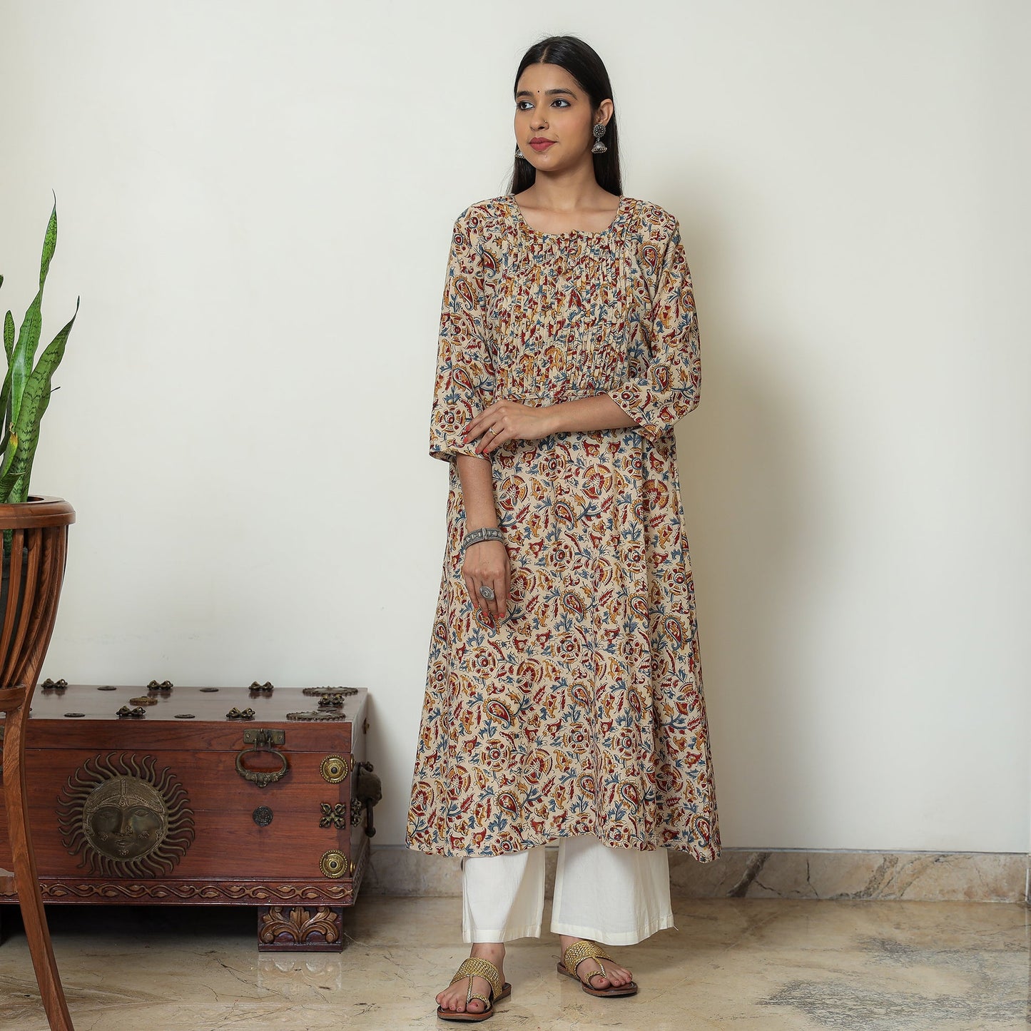 Beige - Kalamkari Hand Block Printed Mul Cotton Pintuck A-Line Kurta 01