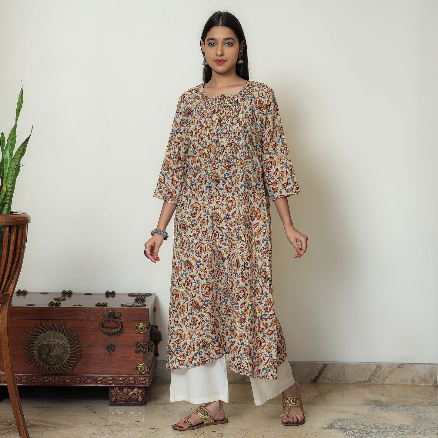 Beige - Kalamkari Hand Block Printed Mul Cotton Pintuck A-Line Kurta 01