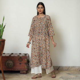 Beige - Kalamkari Hand Block Printed Mul Cotton Pintuck A-Line Kurta 01