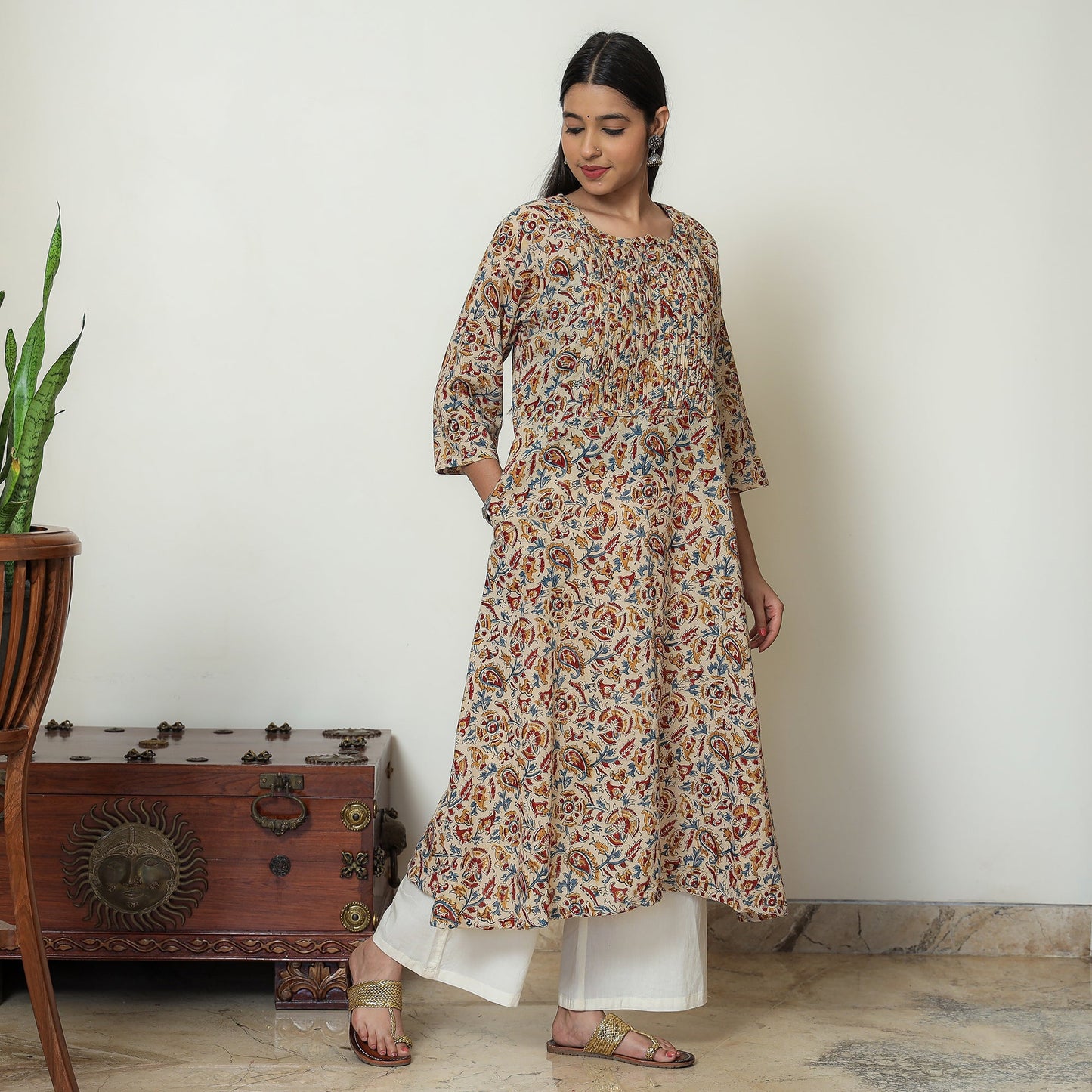 Beige - Kalamkari Hand Block Printed Mul Cotton Pintuck A-Line Kurta 01