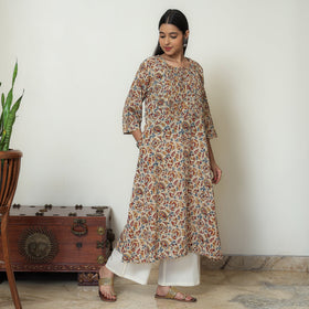 Beige - Kalamkari Hand Block Printed Mul Cotton Pintuck A-Line Kurta 01