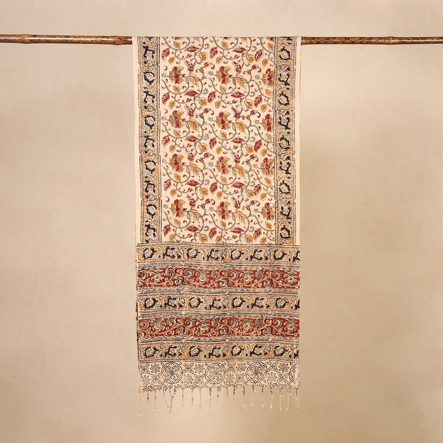 Beige Kalamkari Print Handloom Cotton Mangalagiri Stole