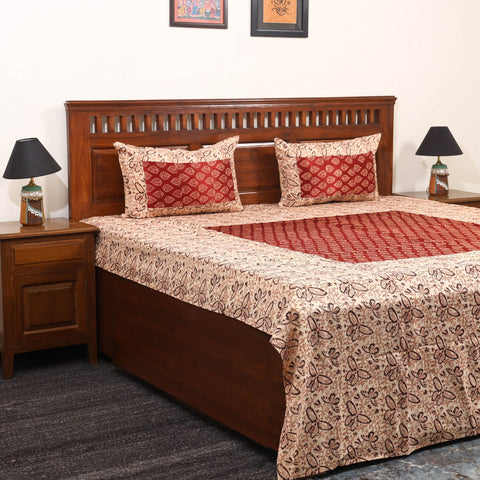 Beige - kalamkari with modal silk patch cotton bedsheet set