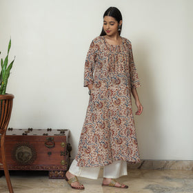 Kalamkari Block Print Mul Cotton Pintuck A-Line Kurta For Women