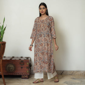 Kalamkari Block Print Mul Cotton Pintuck A-Line Kurta For Women