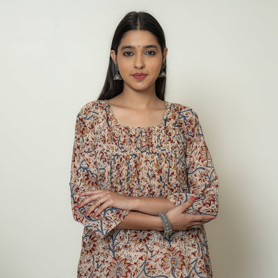 Kalamkari Block Print Mul Cotton Pintuck A-Line Kurta For Women