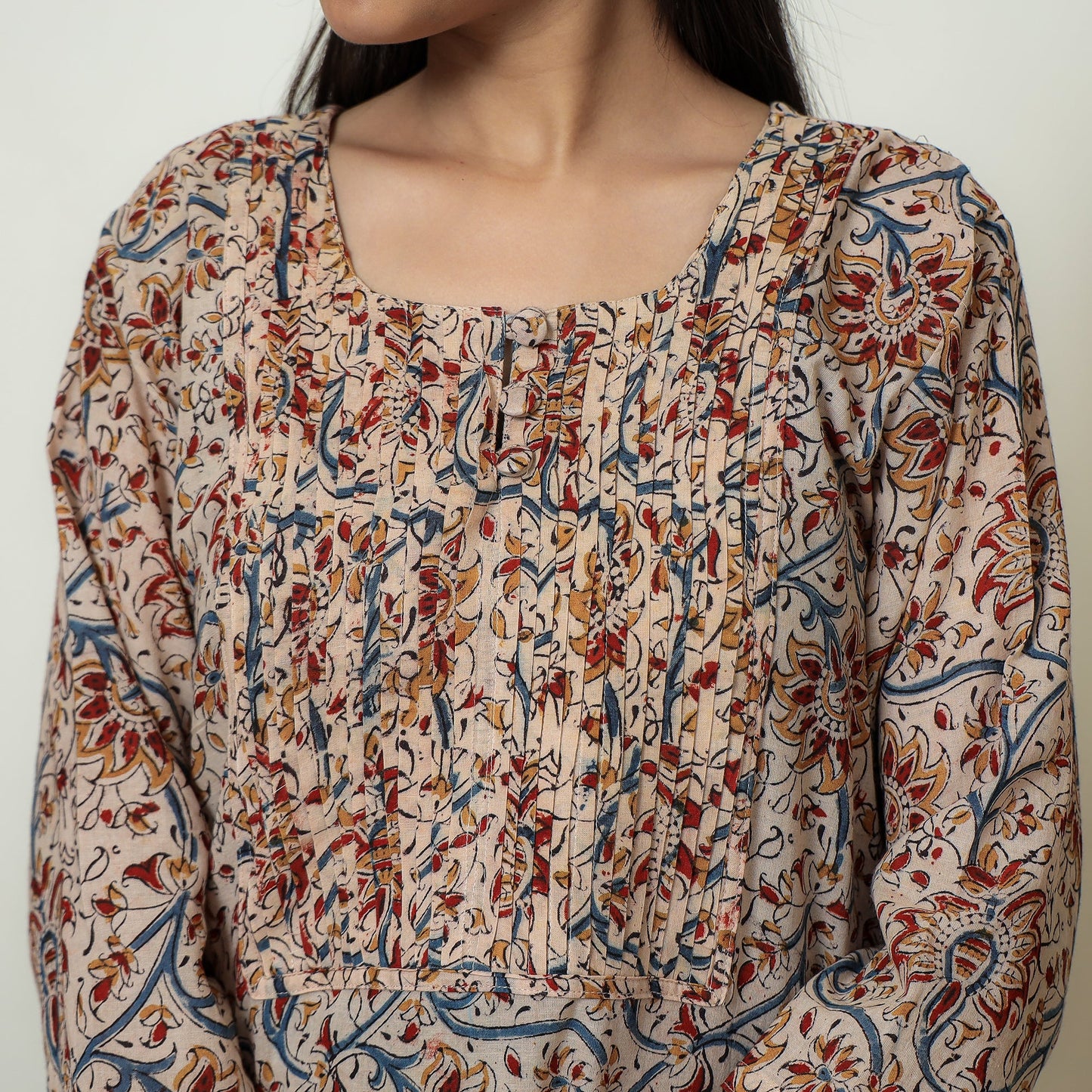 Kalamkari Block Print Mul Cotton Pintuck A-Line Kurta For Women