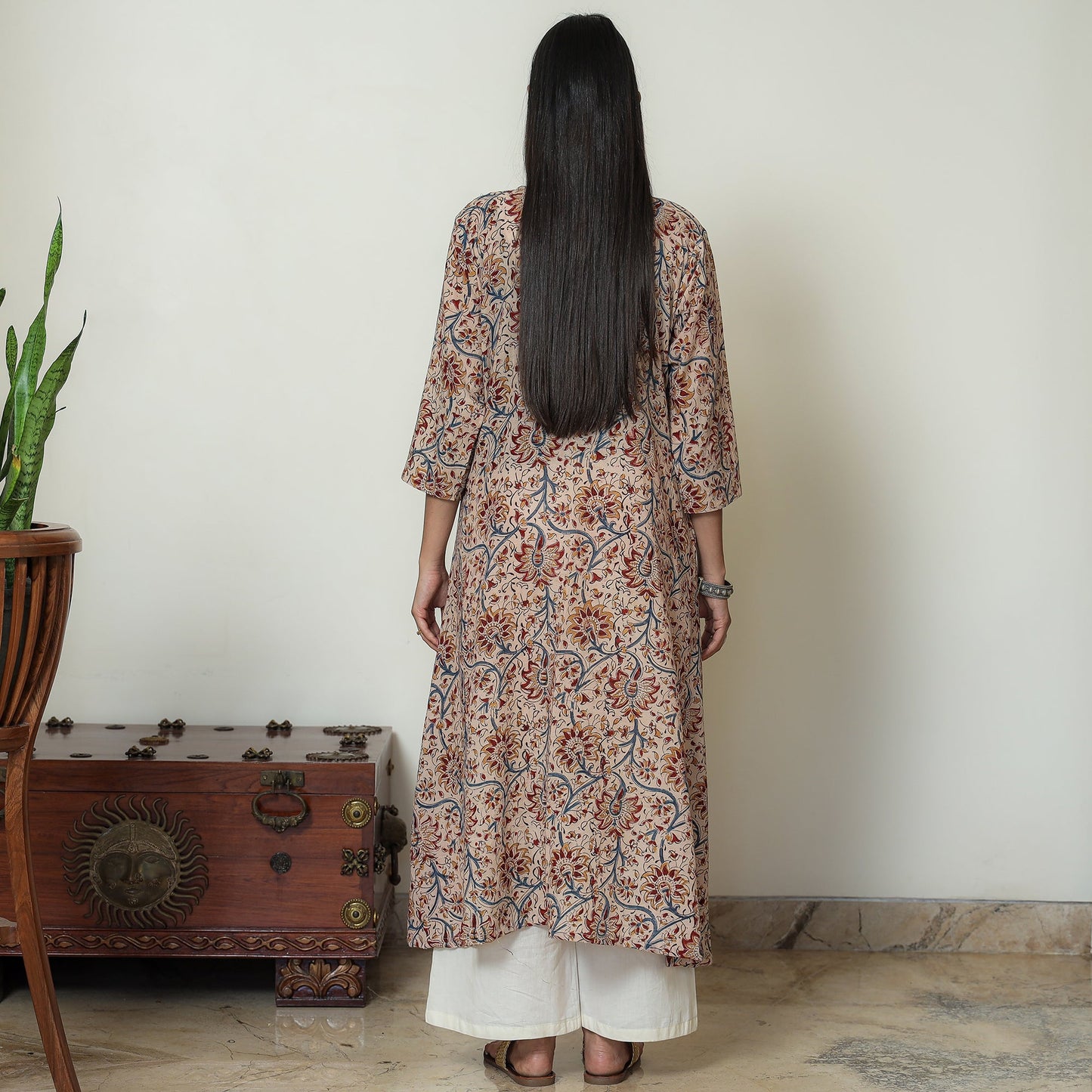 Kalamkari Block Print Mul Cotton Pintuck A-Line Kurta For Women