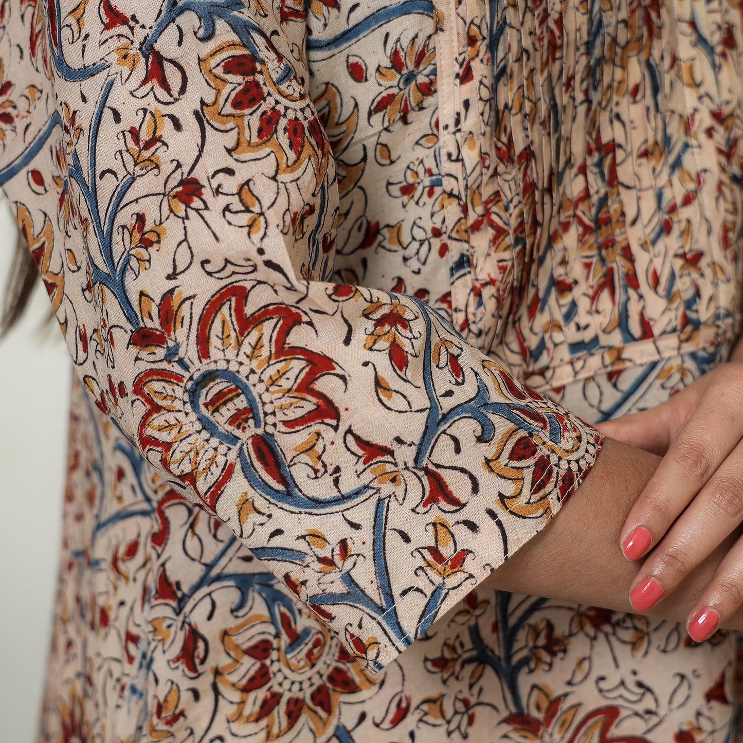 Kalamkari Block Print Mul Cotton Pintuck A-Line Kurta For Women