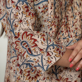 Kalamkari Block Print Mul Cotton Pintuck A-Line Kurta For Women