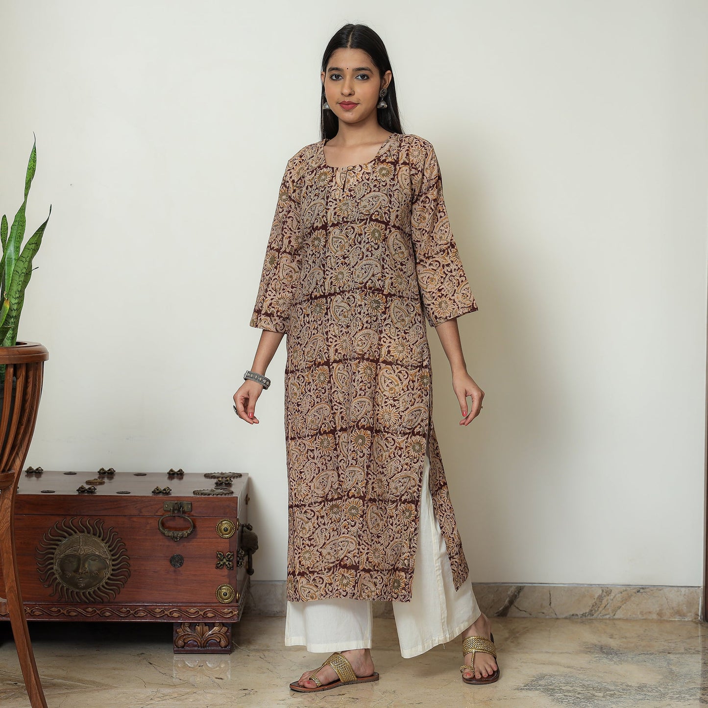 Kalamkari Block Print Mul Cotton Straight Kurta For Women