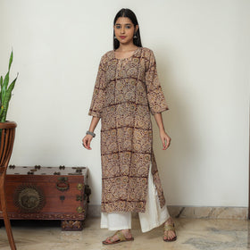 Kalamkari Block Print Mul Cotton Straight Kurta For Women