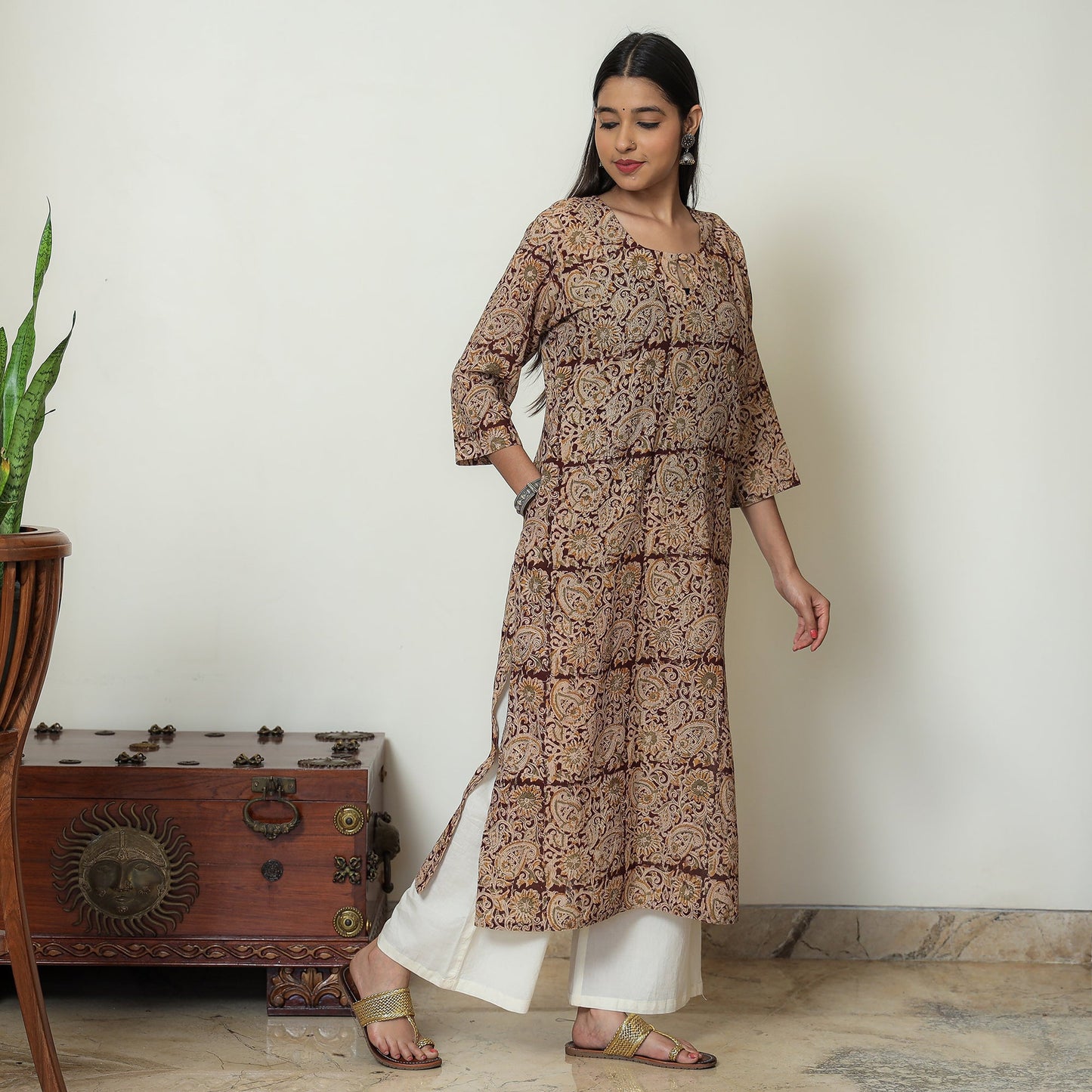 Kalamkari Block Print Mul Cotton Straight Kurta For Women
