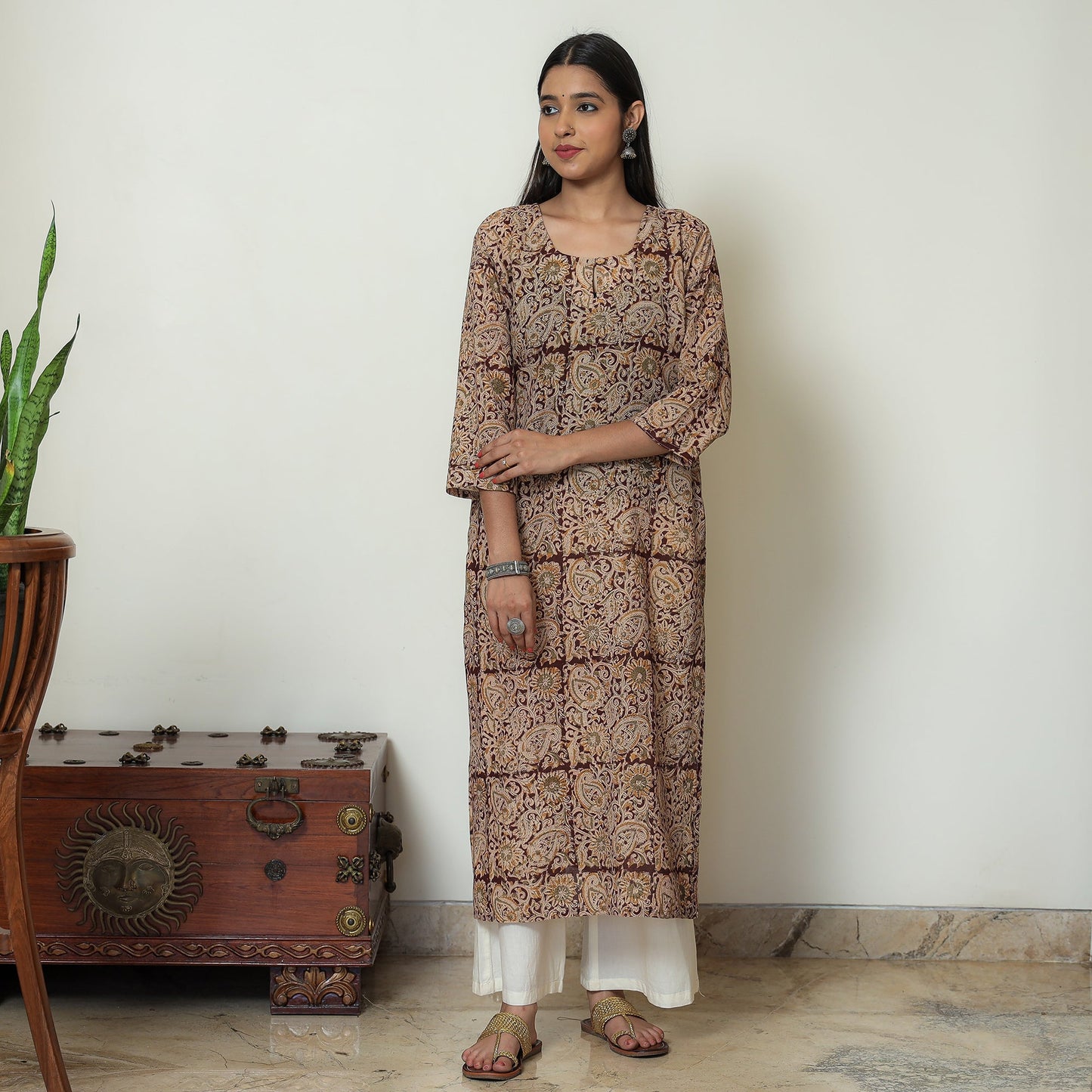 Kalamkari Block Print Mul Cotton Straight Kurta For Women