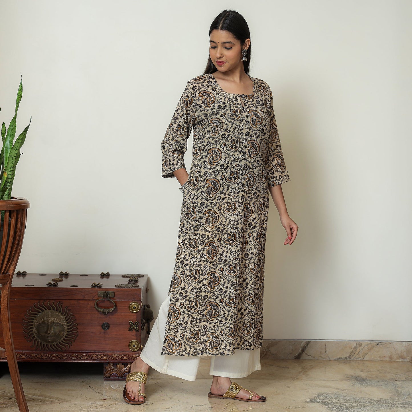 Kalamkari Block Print Mul Cotton Straight Kurta For Women