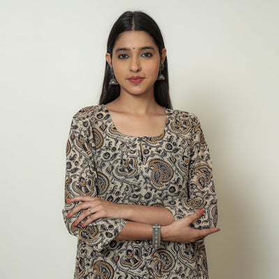 Kalamkari Block Print Mul Cotton Straight Kurta For Women