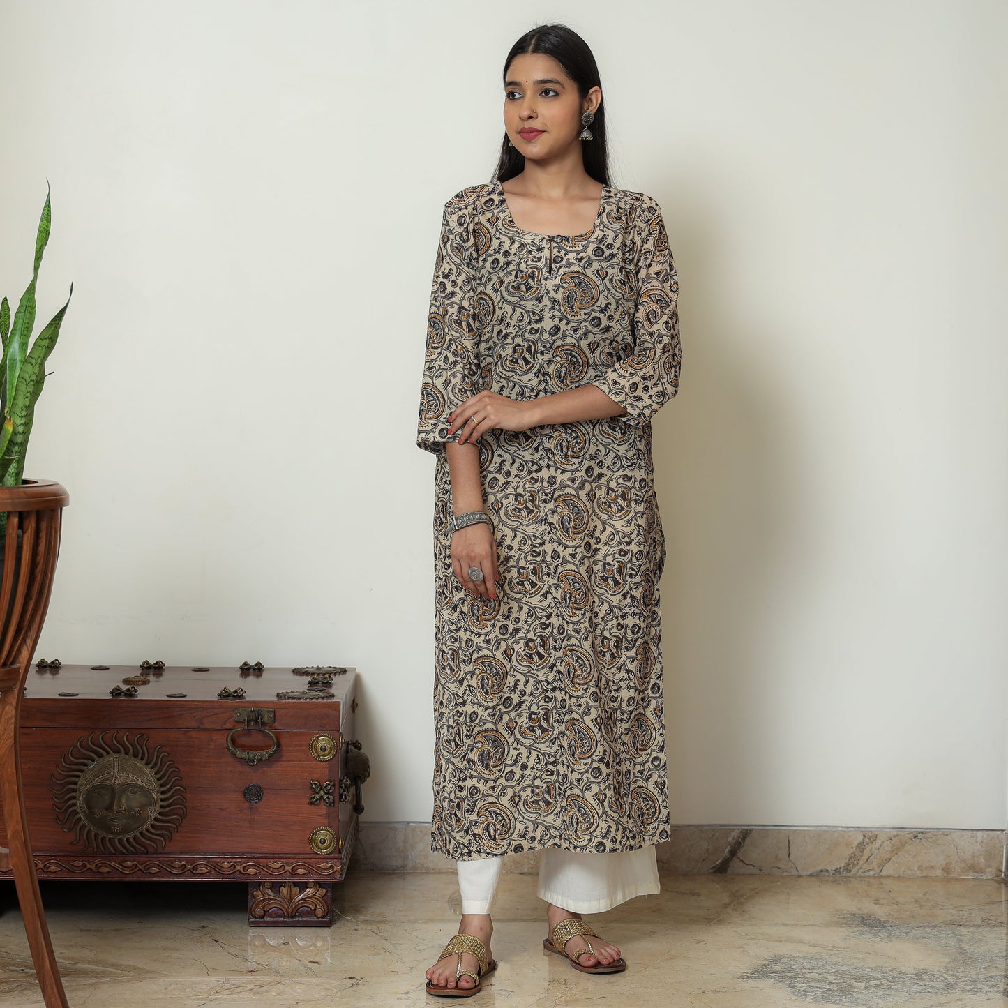 Kalamkari Block Print Mul Cotton Straight Kurta For Women