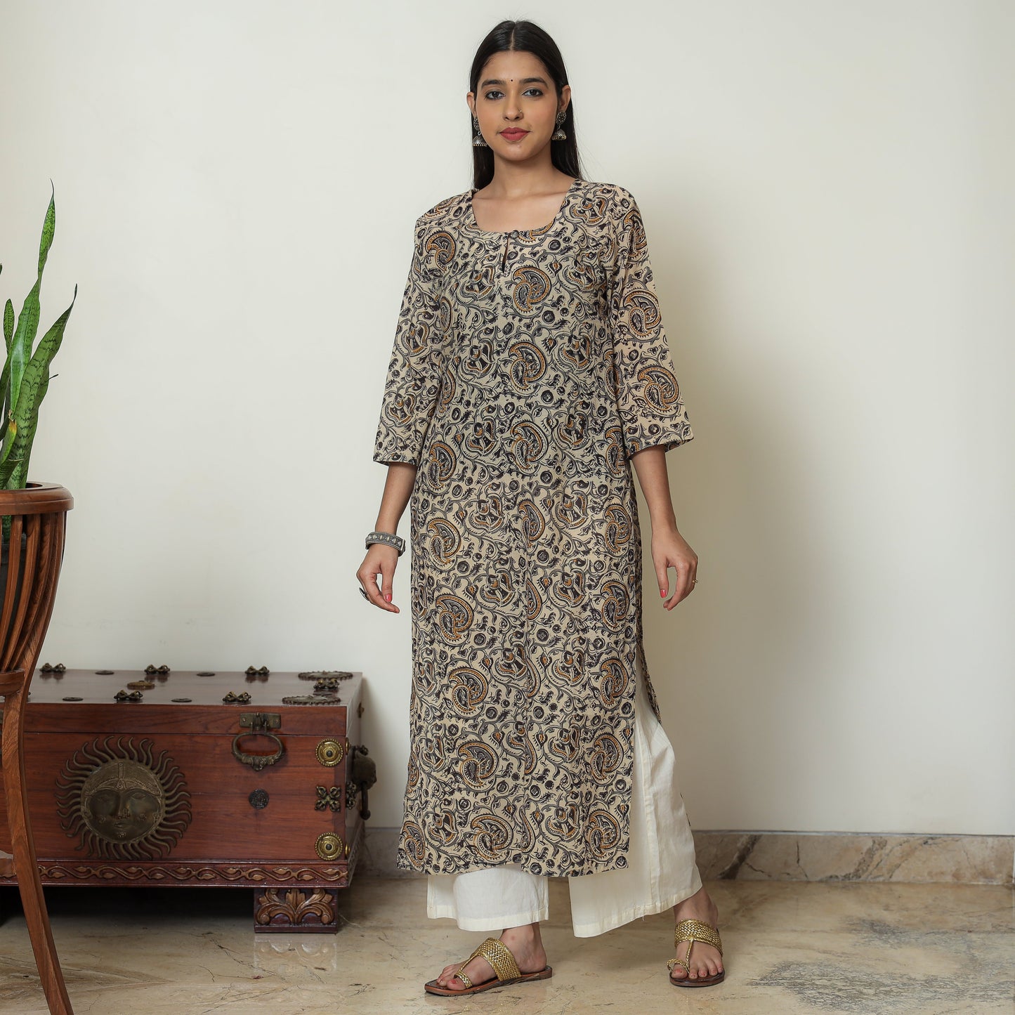 Kalamkari Block Print Mul Cotton Straight Kurta For Women