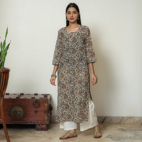 Kalamkari Block Print Mul Cotton Straight Kurta For Women